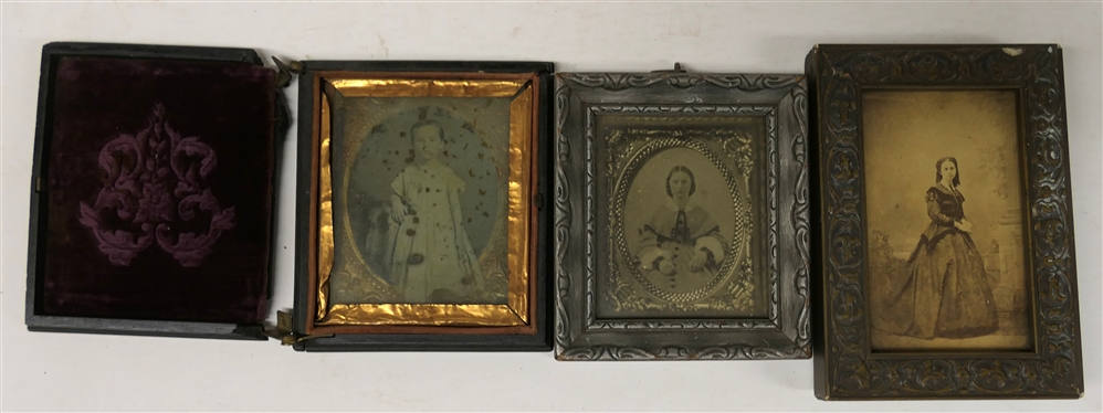 3 Civil War Era Antique Photographs - Daguerreotype of Small Child, in Velvet Lined Case (Hinges Are Broken), Young Woman with Cape Dress in Silver Frame, and Standing Young Woman in Long Dress...