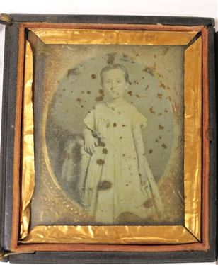 3 Civil War Era Antique Photographs - Daguerreotype of Small Child, in Velvet Lined Case (Hinges Are Broken), Young Woman with Cape Dress in Silver Frame, and Standing Young Woman in Long Dress...