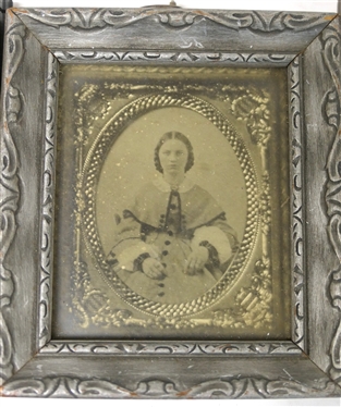 3 Civil War Era Antique Photographs - Daguerreotype of Small Child, in Velvet Lined Case (Hinges Are Broken), Young Woman with Cape Dress in Silver Frame, and Standing Young Woman in Long Dress...