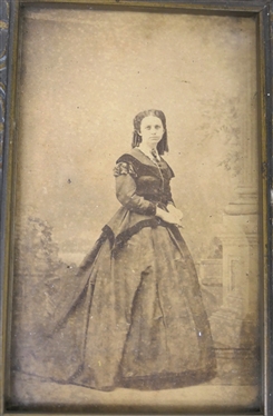 3 Civil War Era Antique Photographs - Daguerreotype of Small Child, in Velvet Lined Case (Hinges Are Broken), Young Woman with Cape Dress in Silver Frame, and Standing Young Woman in Long Dress...