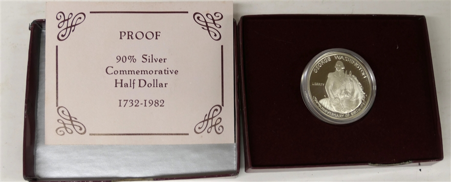 1982 George Washington Commemorative Half Dollar - 90% Silver - In Fitted Case with Certificate 