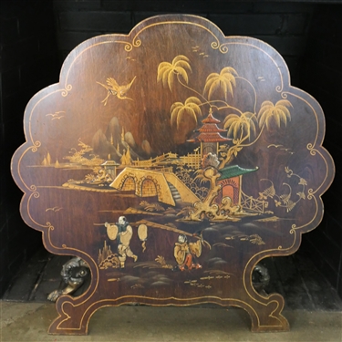 Hand Painted Chinoiserie Fire Screen - Easel Back - Hand Painted with Raised Details - Flying Cranes, Bridge, Pagodas -  Screen Measures 30" Tall 29 1/2" Across 