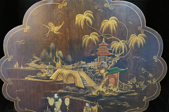 Hand Painted Chinoiserie Fire Screen - Easel Back - Hand Painted with Raised Details - Flying Cranes, Bridge, Pagodas -  Screen Measures 30 Tall 29 1/2 Across 