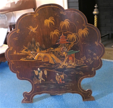 Hand Painted Chinoiserie Fire Screen - Easel Back - Hand Painted with Raised Details - Flying Cranes, Bridge, Pagodas -  Screen Measures 30 Tall 29 1/2 Across 