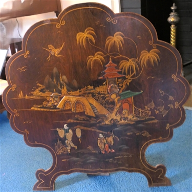 Hand Painted Chinoiserie Fire Screen - Easel Back - Hand Painted with Raised Details - Flying Cranes, Bridge, Pagodas -  Screen Measures 30 Tall 29 1/2 Across 