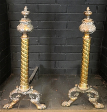 Pair of Outstanding Brass Andirons -Ornate Torchier Style with Claw Feet - Each Measures 24 1/2" Tall 