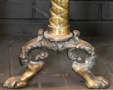 Pair of Outstanding Brass Andirons -Ornate Torchier Style with Claw Feet - Each Measures 24 1/2 Tall 