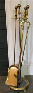 Brass Fire Tool Set in Weighted Brass Stand - Shovel, Poker, Tongs, and Broom - Conical Brass Handles with Ball Terminals 