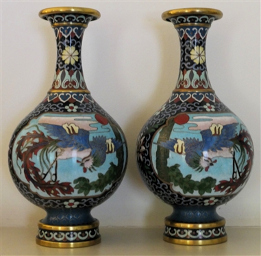 Pair of Beautiful Highly Detailed Cloisonné Vases - Dragon and Phoenix Motif - Vases Measure 8 1/2" Tall 