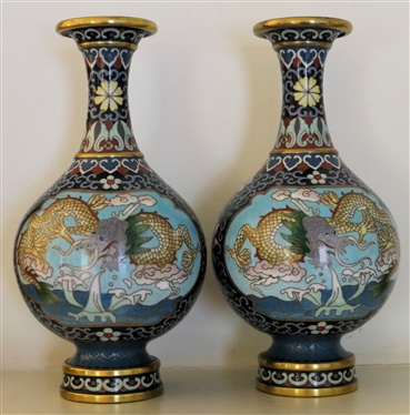 Pair of Beautiful Highly Detailed Cloisonné Vases - Dragon and Phoenix Motif - Vases Measure 8 1/2 Tall 