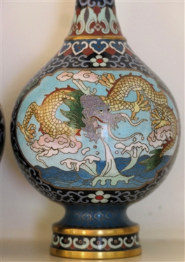 Pair of Beautiful Highly Detailed Cloisonné Vases - Dragon and Phoenix Motif - Vases Measure 8 1/2 Tall 