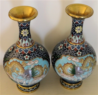 Pair of Beautiful Highly Detailed Cloisonné Vases - Dragon and Phoenix Motif - Vases Measure 8 1/2 Tall 