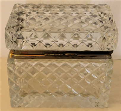 Diamond Cut Crystal Box with Brass Fittings - Box Measures 4 3/4 Tall 5 1/4 by 3 1/2 - Small Chip on Underside of Box 