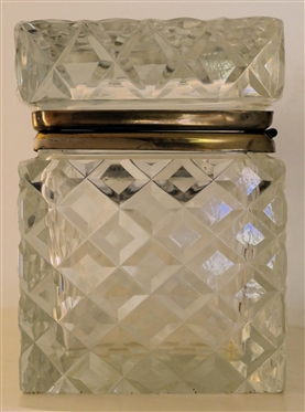 Diamond Cut Crystal Box with Brass Fittings - Box Measures 4 3/4 Tall 5 1/4 by 3 1/2 - Small Chip on Underside of Box 
