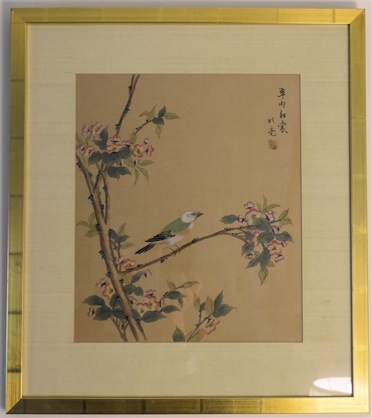 Beautiful Original Asian Painting - Bird and Cherry Blossoms -Framed and Matted - Frame Measures 21" by 18 1/2"