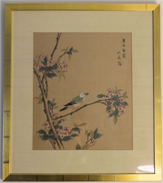 Beautiful Original Asian Painting - Bird and Cherry Blossoms -Framed and Matted - Frame Measures 21" by 18 1/2"