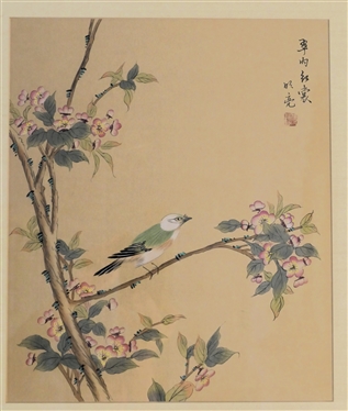 Beautiful Original Asian Painting - Bird and Cherry Blossoms -Framed and Matted - Frame Measures 21 by 18 1/2