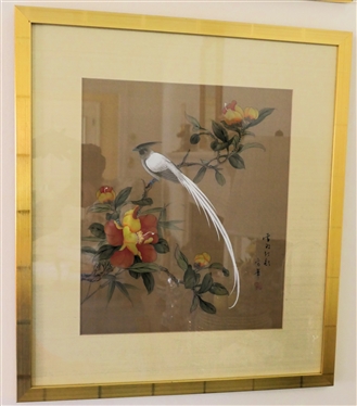 Beautiful Original Asian Painting - Bird with Magnificent Tail and Large Red and Yellow Flowers-Framed and Matted - Frame Measures 21" by 18 1/2"