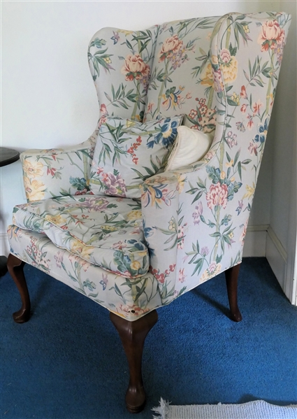 Petit Wing Back Chair with Light Blue Bamboo and Floral Upholstery - Down Cushion - Matching Throw Pillow - Chair Measures 42" tall 31 1/2" Across