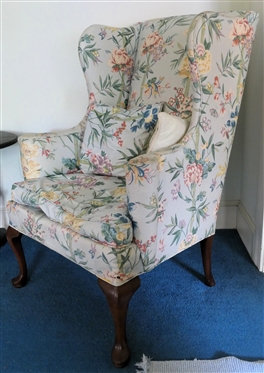 Petit Wing Back Chair with Light Blue Bamboo and Floral Upholstery - Down Cushion - Matching Throw Pillow - Chair Measures 42" tall 31 1/2" Across
