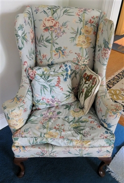 Petit Wing Back Chair with Light Blue Bamboo and Floral Upholstery - Down Cushion - Matching Throw Pillow - Chair Measures 42 tall 31 1/2 Across