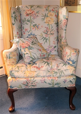 Petit Wing Back Chair with Light Blue Bamboo and Floral Upholstery - Down Cushion - Matching Throw Pillow - Chair Measures 42" tall 31 1/2" Across