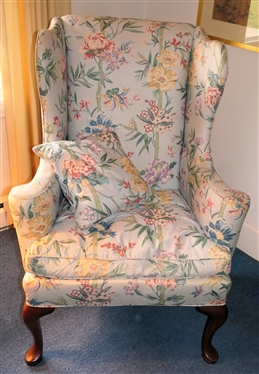 Petit Wing Back Chair with Light Blue Bamboo and Floral Upholstery - Down Cushion - Matching Throw Pillow - Chair Measures 42 tall 31 1/2 Across
