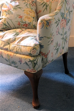 Petit Wing Back Chair with Light Blue Bamboo and Floral Upholstery - Down Cushion - Matching Throw Pillow - Chair Measures 42 tall 31 1/2 Across