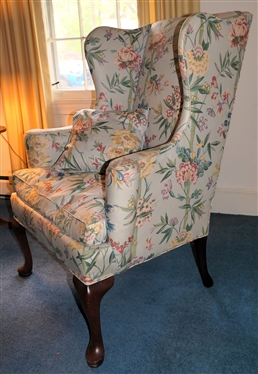 Petit Wing Back Chair with Light Blue Bamboo and Floral Upholstery - Down Cushion - Matching Throw Pillow - Chair Measures 42 tall 31 1/2 Across