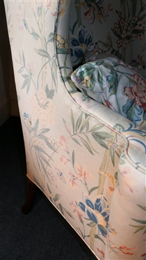 Petit Wing Back Chair with Light Blue Bamboo and Floral Upholstery - Down Cushion - Matching Throw Pillow - Chair Measures 42 tall 31 1/2 Across