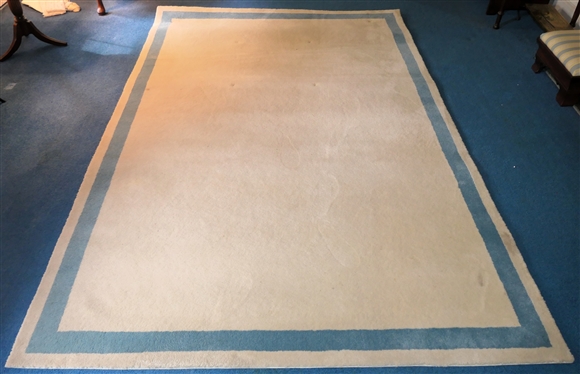 Off White Bound Carpet Rug with Light Blue Border - Measures 9'' by 6''