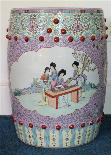 Beautiful Chinese Garden Stool - Beautifully Decorated with Women, Lotus Flowers, and Scrolling - Stool Measures 18 1/2" Tall 14" Across