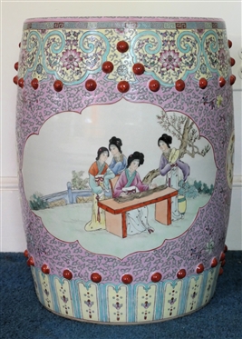 Beautiful Chinese Garden Stool - Beautifully Decorated with Women, Lotus Flowers, and Scrolling - Stool Measures 18 1/2" Tall 14" Across