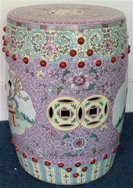 Beautiful Chinese Garden Stool - Beautifully Decorated with Women, Lotus Flowers, and Scrolling - Stool Measures 18 1/2 Tall 14 Across