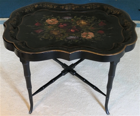 Beautiful Antique Hand painted Toleware Tray Atop Custom Made Table with Black Lacquer Finish - Bamboo Style Legs and Stretchers - Curves to Table Match Tray Shape - Table Measures 18" Tall 31" by 23"