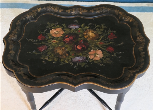 Beautiful Antique Hand painted Toleware Tray Atop Custom Made Table with Black Lacquer Finish - Bamboo Style Legs and Stretchers - Curves to Table Match Tray Shape - Table Measures 18 Tall 31 by 23