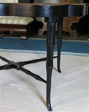 Beautiful Antique Hand painted Toleware Tray Atop Custom Made Table with Black Lacquer Finish - Bamboo Style Legs and Stretchers - Curves to Table Match Tray Shape - Table Measures 18 Tall 31 by 23