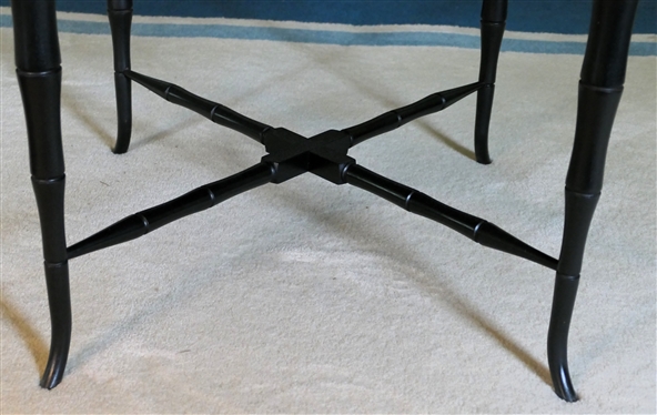 Beautiful Antique Hand painted Toleware Tray Atop Custom Made Table with Black Lacquer Finish - Bamboo Style Legs and Stretchers - Curves to Table Match Tray Shape - Table Measures 18 Tall 31 by 23