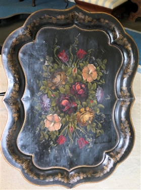 Beautiful Antique Hand painted Toleware Tray Atop Custom Made Table with Black Lacquer Finish - Bamboo Style Legs and Stretchers - Curves to Table Match Tray Shape - Table Measures 18 Tall 31 by 23