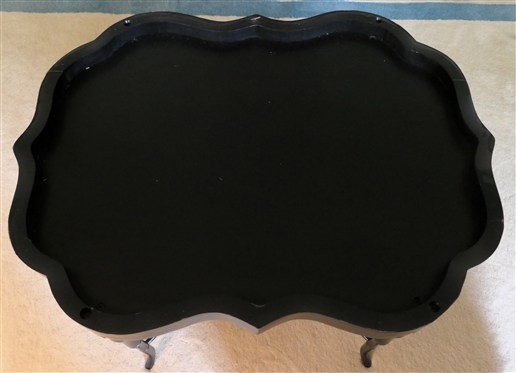 Beautiful Antique Hand painted Toleware Tray Atop Custom Made Table with Black Lacquer Finish - Bamboo Style Legs and Stretchers - Curves to Table Match Tray Shape - Table Measures 18 Tall 31 by 23