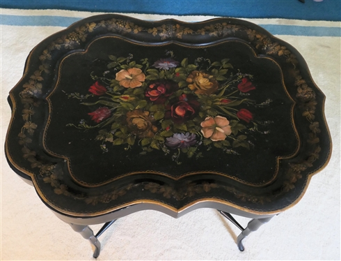 Beautiful Antique Hand painted Toleware Tray Atop Custom Made Table with Black Lacquer Finish - Bamboo Style Legs and Stretchers - Curves to Table Match Tray Shape - Table Measures 18 Tall 31 by 23