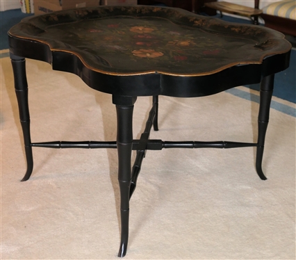 Beautiful Antique Hand painted Toleware Tray Atop Custom Made Table with Black Lacquer Finish - Bamboo Style Legs and Stretchers - Curves to Table Match Tray Shape - Table Measures 18 Tall 31 by 23