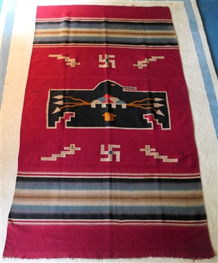 Early 20th Century (pre 1939) Hand Woven Chimayo Wool Blanket -Native American - with  Thunderbird and Whirling Log Motif  - with note from Smithsonian Curator - 84" By 48" Few Small Imperfections...