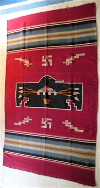 Early 20th Century (pre 1939) Hand Woven Chimayo Wool Blanket -Native American - with  Thunderbird and Whirling Log Motif  - with note from Smithsonian Curator - 84 By 48 Few Small Imperfections...