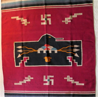 Early 20th Century (pre 1939) Hand Woven Chimayo Wool Blanket -Native American - with  Thunderbird and Whirling Log Motif  - with note from Smithsonian Curator - 84 By 48 Few Small Imperfections...