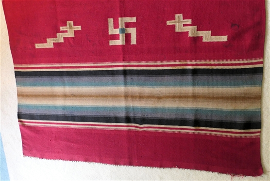 Early 20th Century (pre 1939) Hand Woven Chimayo Wool Blanket -Native American - with  Thunderbird and Whirling Log Motif  - with note from Smithsonian Curator - 84 By 48 Few Small Imperfections...