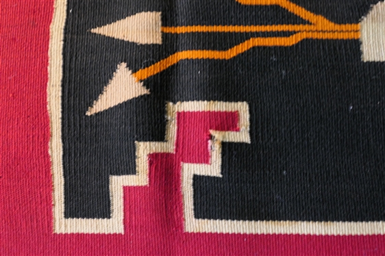Early 20th Century (pre 1939) Hand Woven Chimayo Wool Blanket -Native American - with  Thunderbird and Whirling Log Motif  - with note from Smithsonian Curator - 84 By 48 Few Small Imperfections...
