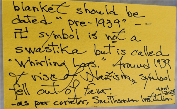 Early 20th Century (pre 1939) Hand Woven Chimayo Wool Blanket -Native American - with  Thunderbird and Whirling Log Motif  - with note from Smithsonian Curator - 84 By 48 Few Small Imperfections...
