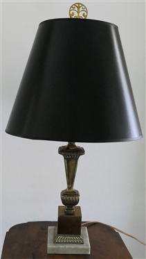 Nice Classical Style Brass Table Lamp Marble Base with Black Shade Oriental Brass Finial - Lamp Measures 16" To Bulb  