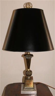 Nice Classical Style Brass Table Lamp Marble Base with Black Shade Oriental Brass Finial - Lamp Measures 16 To Bulb  